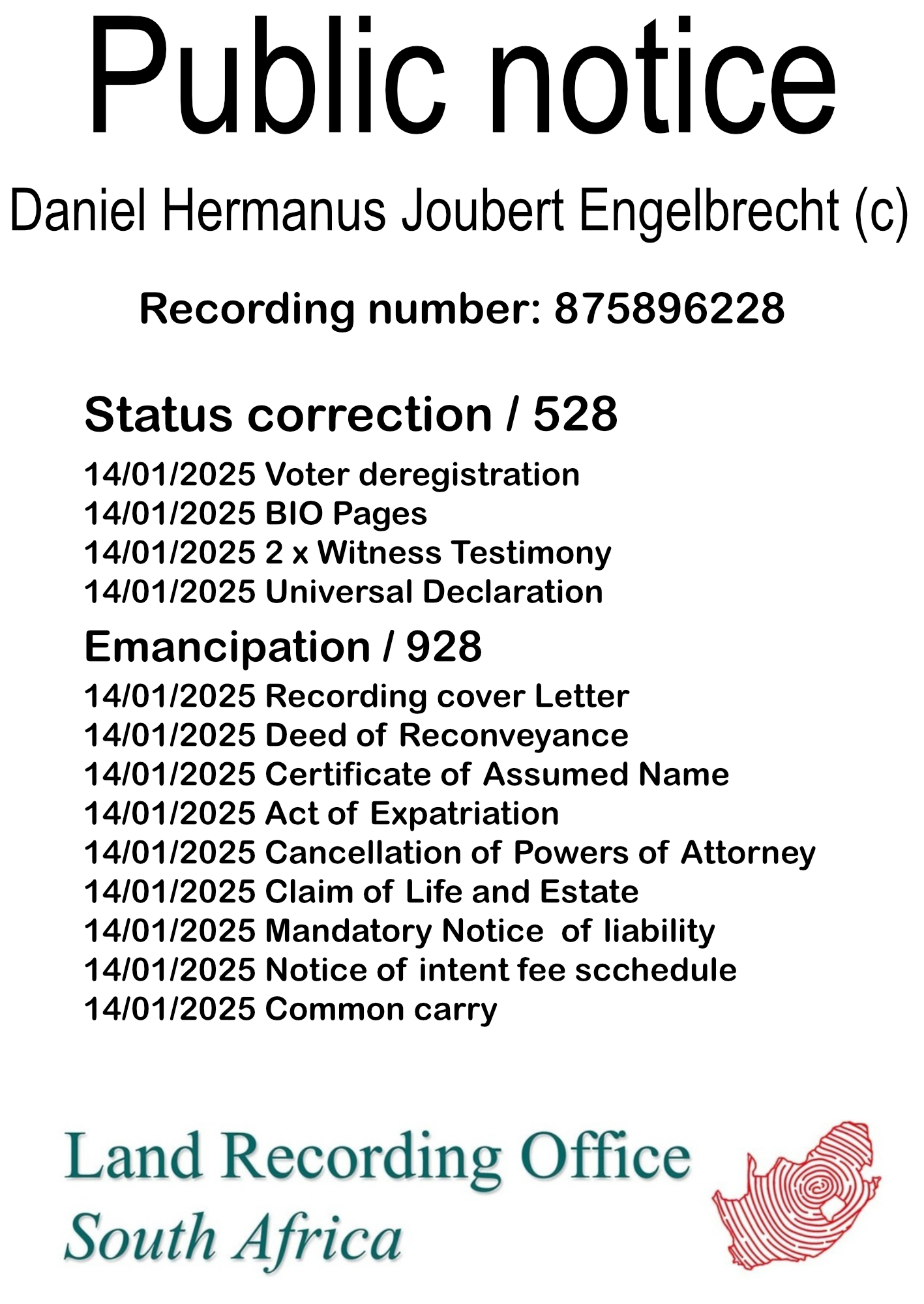 Public notice Daniel Hermanus Joubert Engelbrecht Recording number 875896228